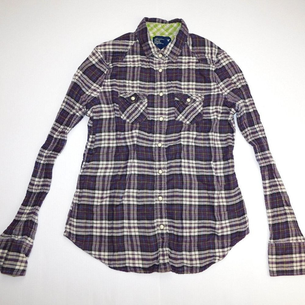 American Eagle Purple cream Plaid Snap Front Shirt Youth Girls 10